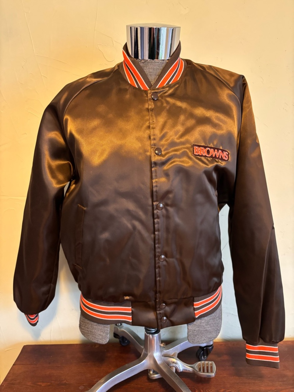 Vintage Cleveland Browns Men's Brown Satin Bomber Jacket with Stripe Trim